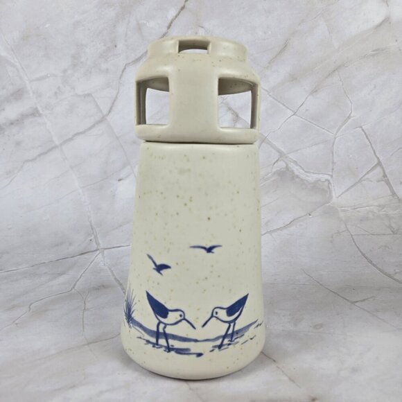Vintage Sanibel Pottery 1984 Lighthouse Candle Holder Seabirds Cream Blue - Picture 1 of 14